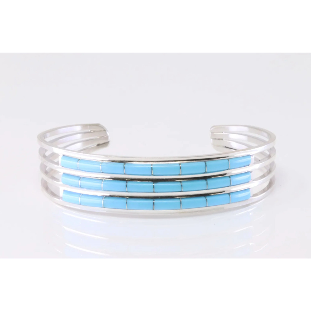 Native American Sterling Silver Zuni Handmade Turquoise Cuff Bracelet By A.L.W.